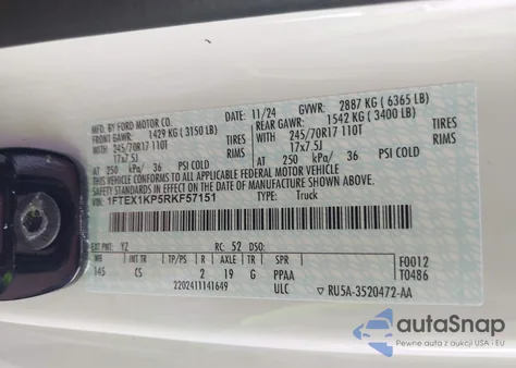 2024 Ford F-150 Xl z USA, uszkodzony, nr VIN 1FTEX1KP5RKF57151